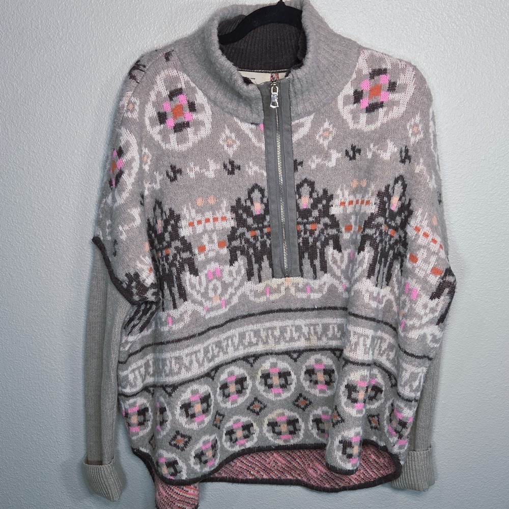 Sleeping On Snow Anthropologie Fair Isle Sweater XS/S Oversized Quarter Zip Nord - Picture 9 of 10